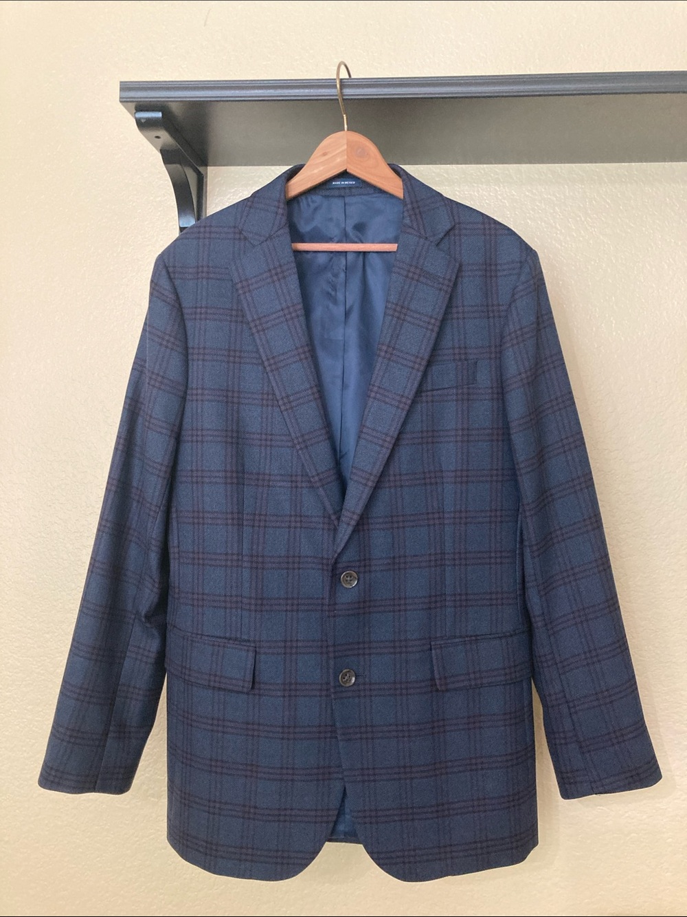 Stafford Men's 40R Classic Fit Sport Coat Merino Wool Glen Plaid Blue Blazer